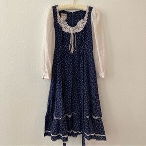 Vintage Gunne Sax Navy Floral Dress with White Lace Details